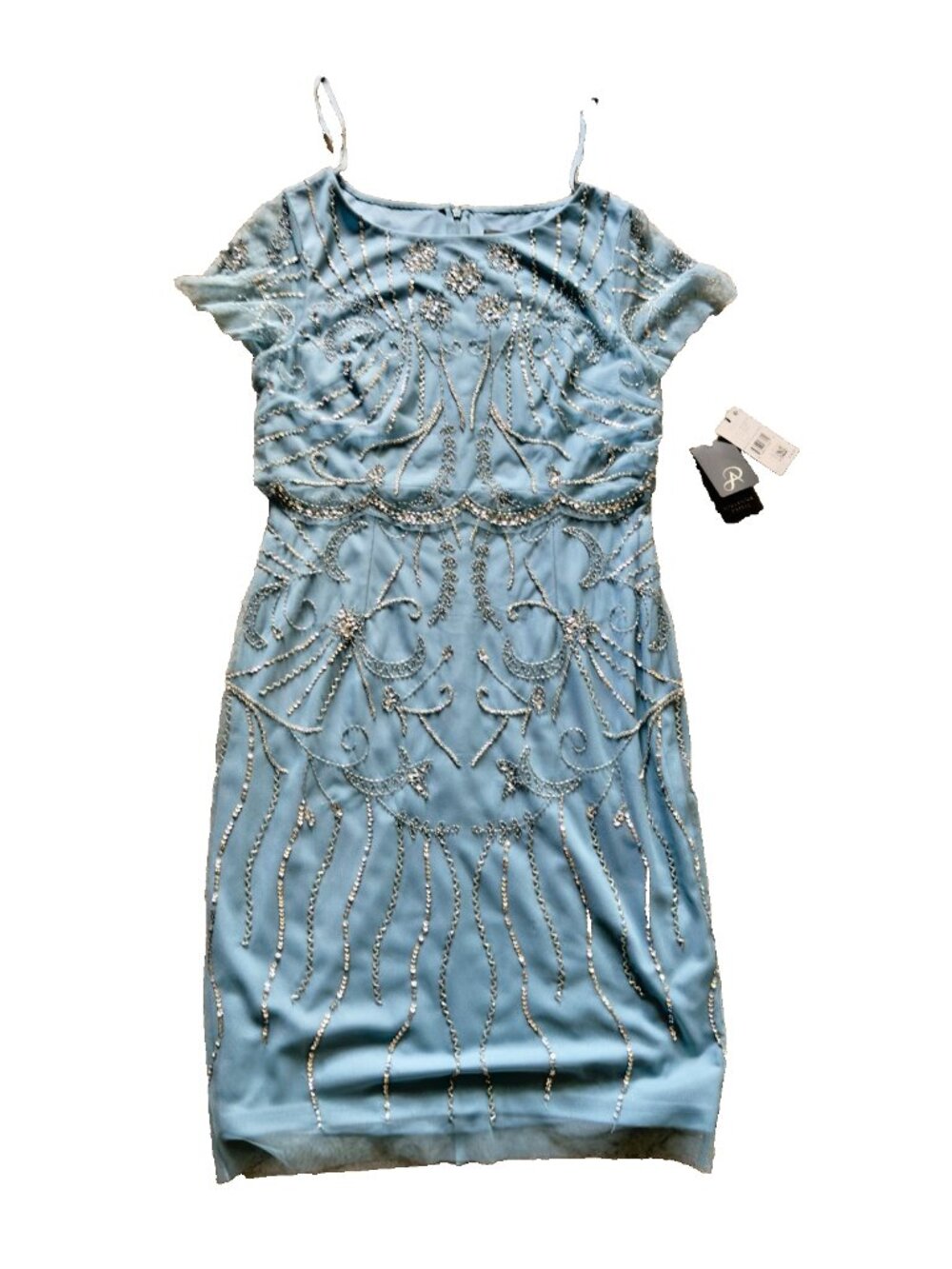 NWT Adrianna Papell Beaded Cocktail Dress 8 Air Sky Blue Mesh Sheath wedding